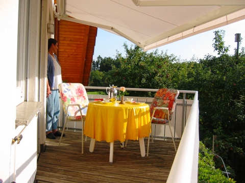 Balkon mit Blick ber Wiese und Wald hinter dem Haus